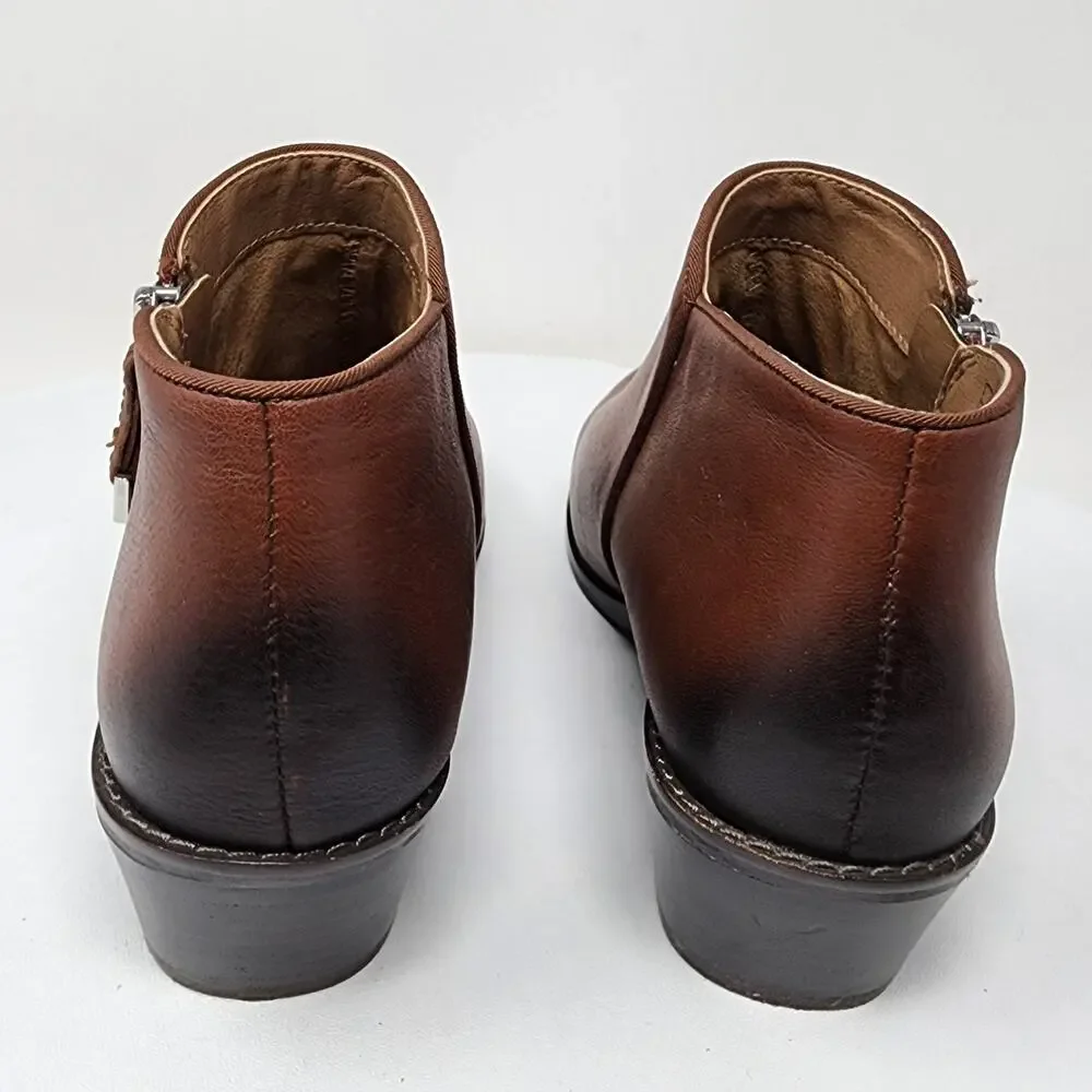 Vionic Jolene Bootie Women 6.5 Brown Leather Burnished Toe Side Zip Boots VS350